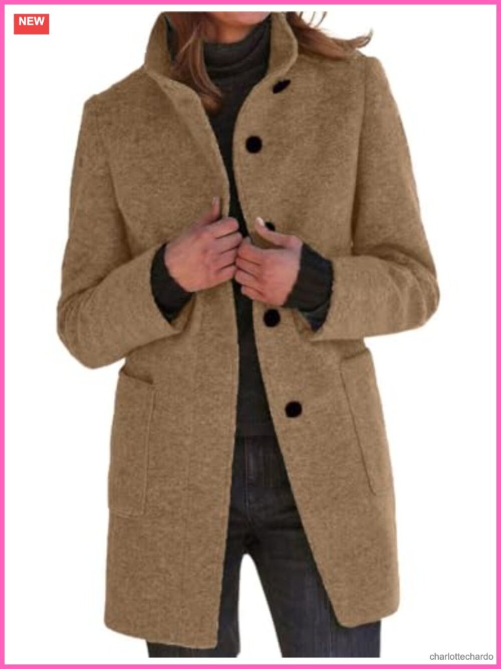 Wool Blend Pea Coat Stand Collar Long Sleeve Winter Jacket with Pockets